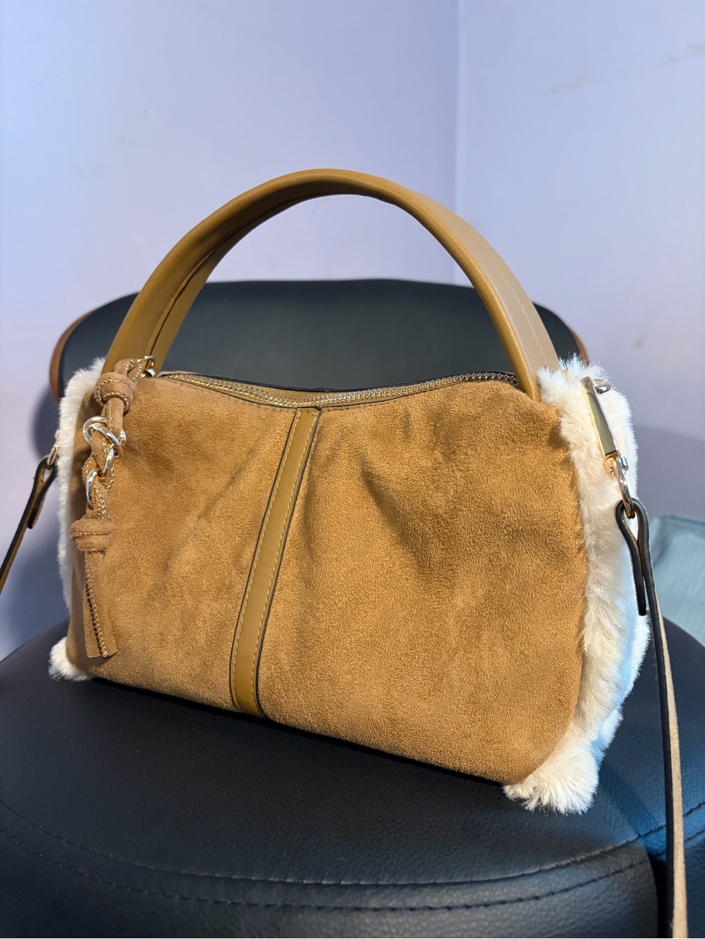 H&M Tan Suede Shoulder Bag with Cream Shearling Sides